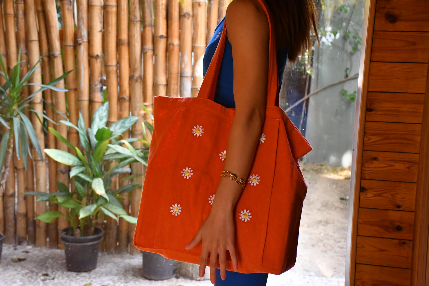 Daisy Embroidery Orange Tote Bag