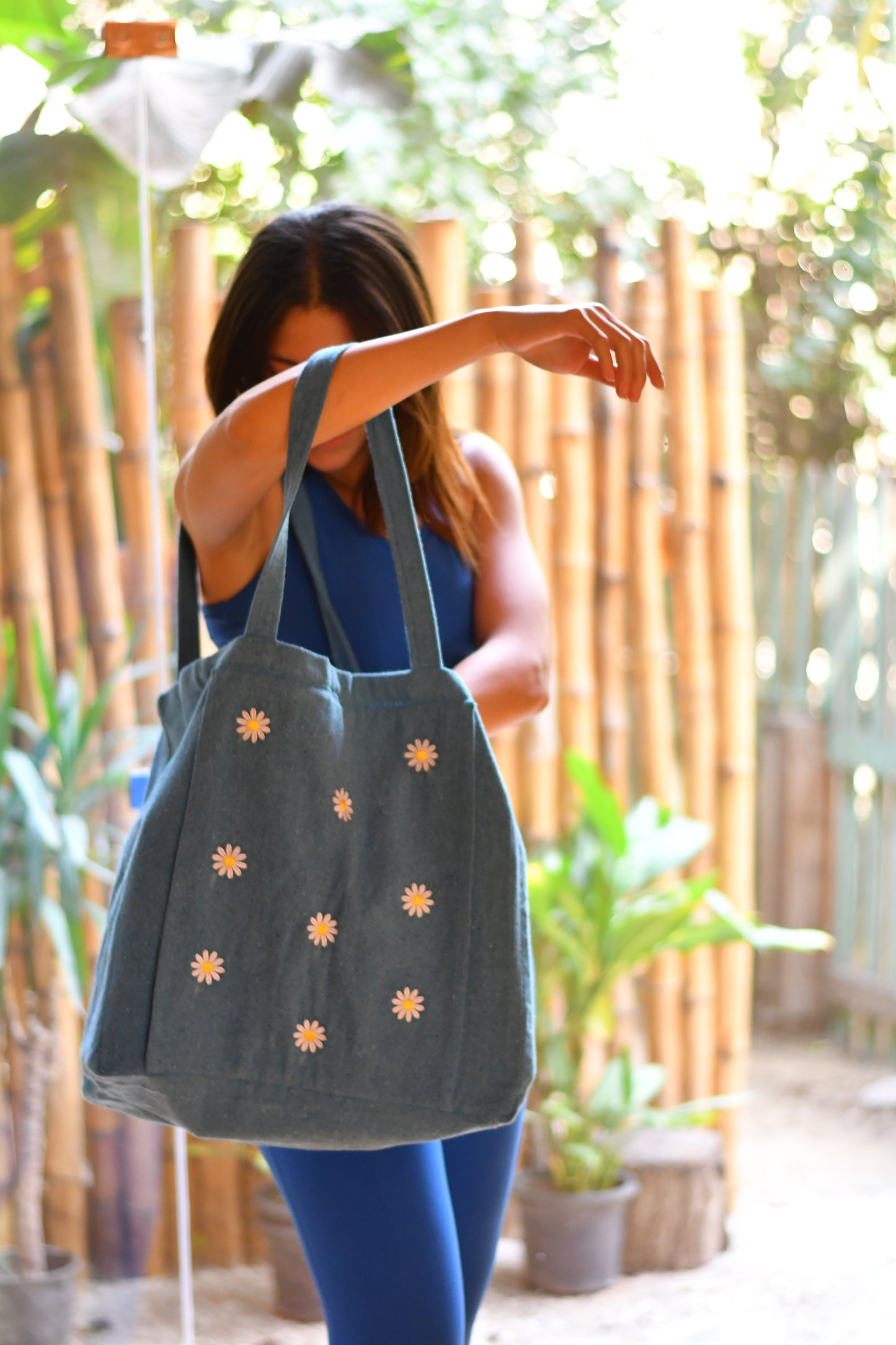 Daisy Embroidery Blue Tote Bag