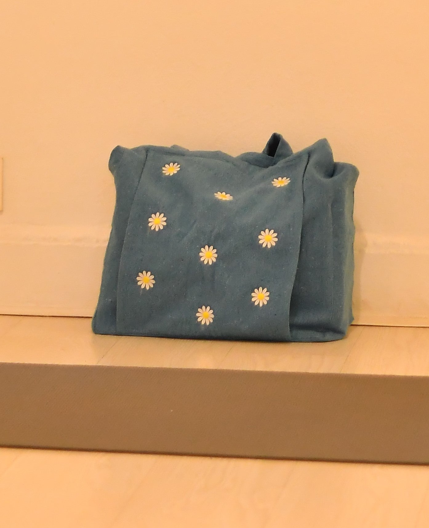 Daisy Embroidery Blue Tote Bag